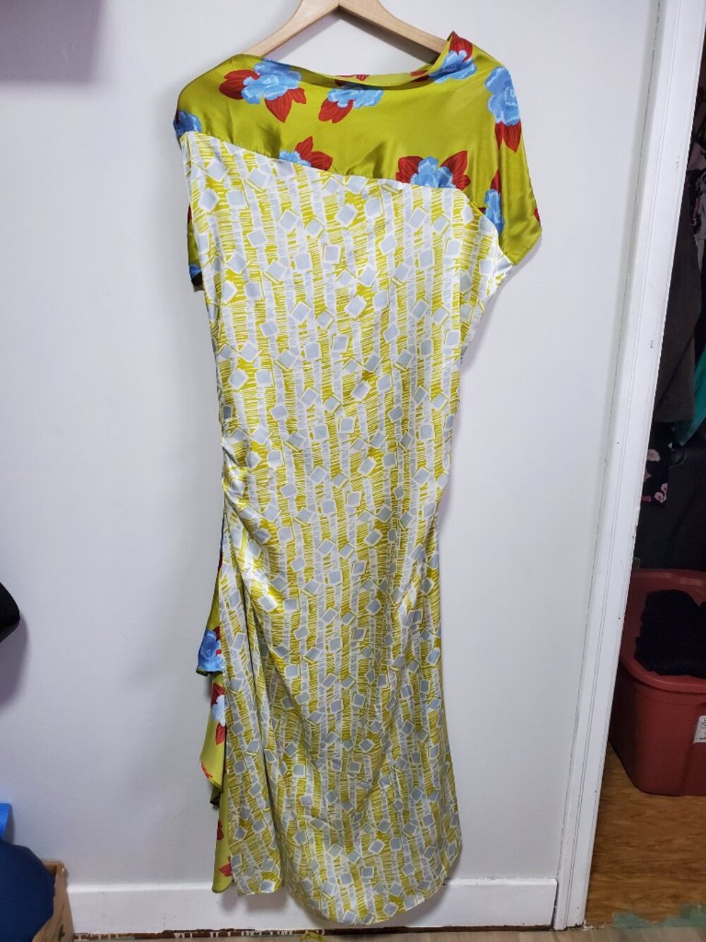 Zara One-Shoulder Floral Maxi Dress in Lime Green with Blue and Red Accents - Picture 8 of 14